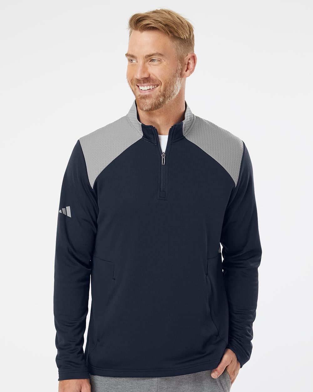 Adidas Men's Textured Mixed Media Quarter-Zip Pullover - Image 1