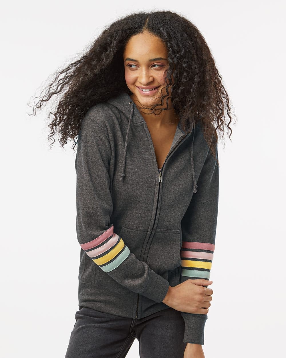MV Sport Women's Striped Sleeves Full-Zip Hooded Sweatshirt - Image 1