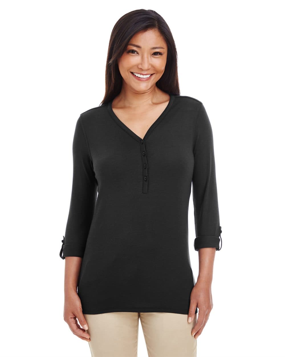 Devon & Jones Women's Perfect Fit™ Y-Placket Convertible Sleeve Knit Top - Image 1