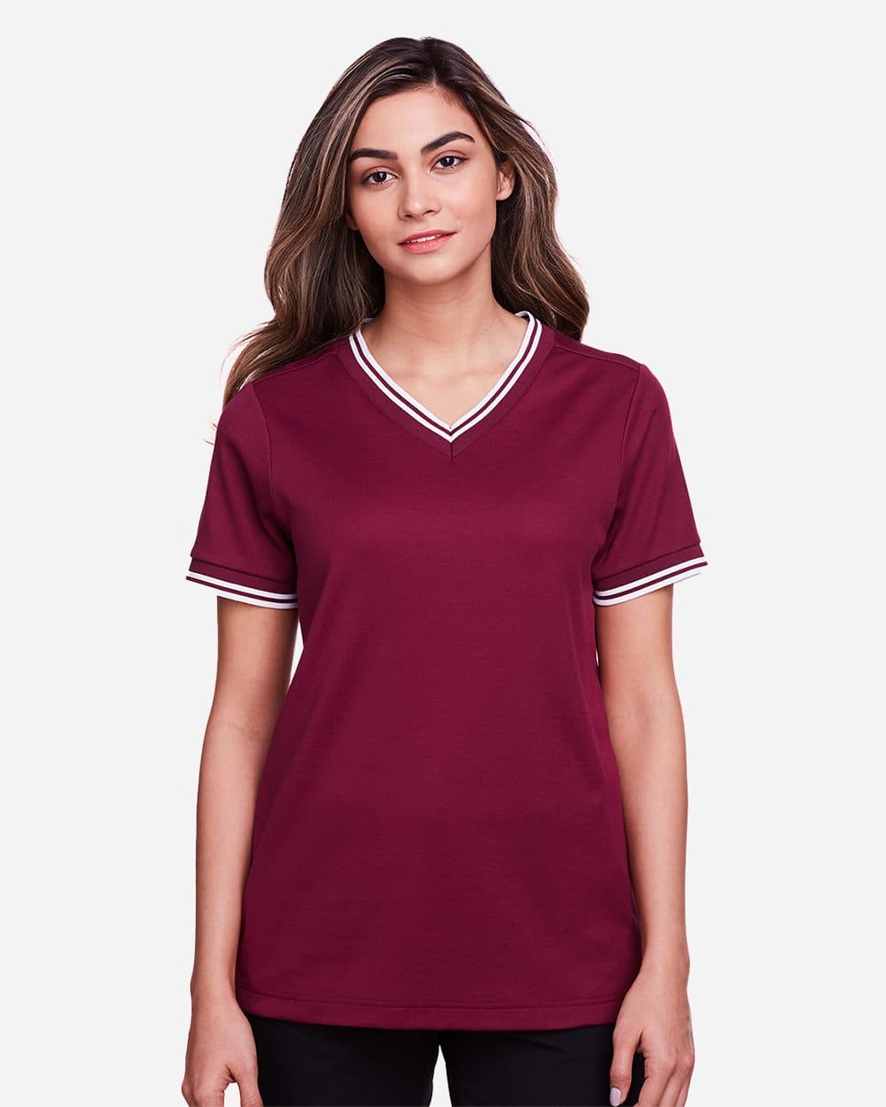Devon & Jones Women's CrownLux Performance® Plaited Tipped V-Neck Shirt - Image 1
