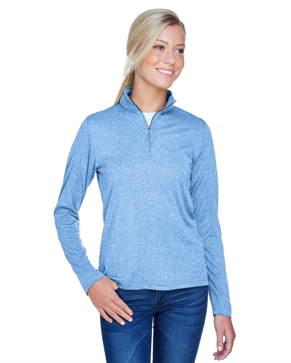 UltraClub Women's Cool & Dry Heathered Performance Quarter-Zip Pullover - Image 1