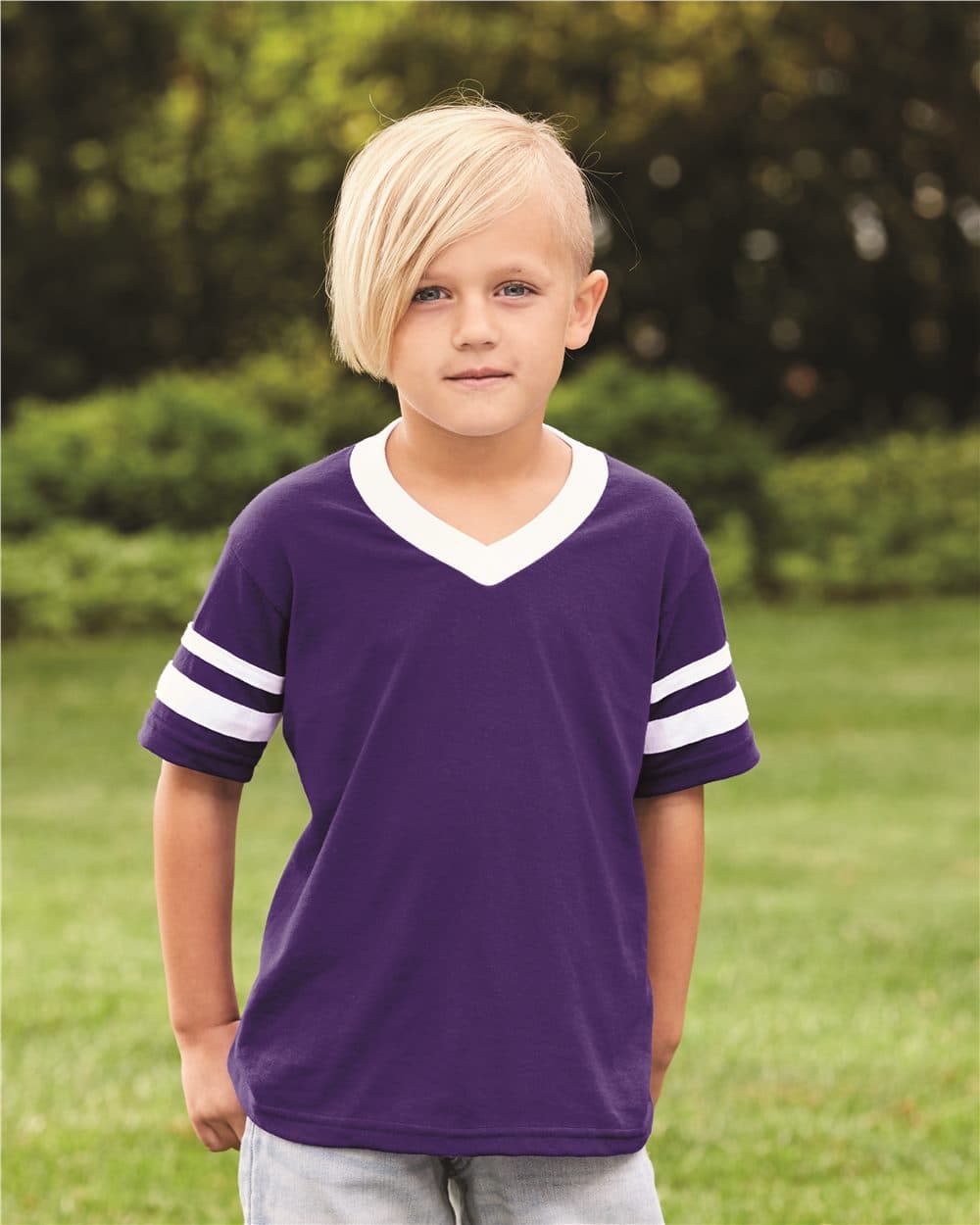 Augusta Sportswear Youth V-Neck Jersey with Striped Sleeves - Image 1