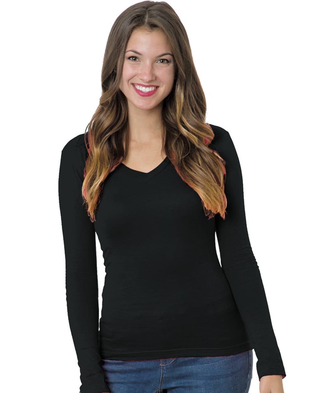 Bayside Women's USA-Made Deep V-Neck Long Sleeve T-Shirt - Image 1