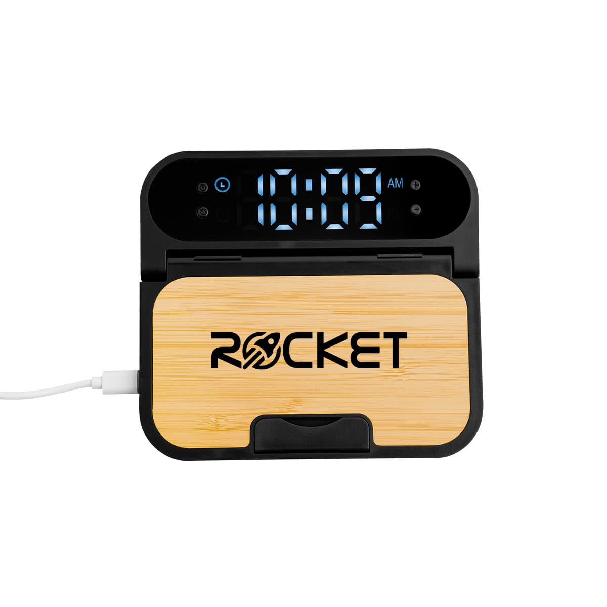 15W Bamboo Folding Charger With Digital Clock - Image 1