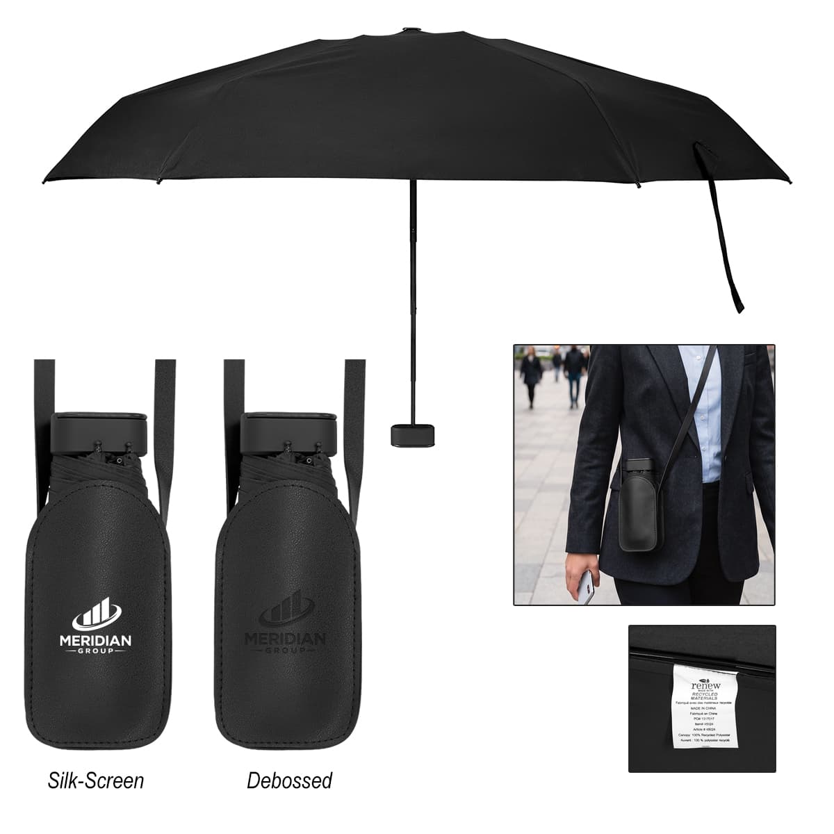 38" Arc Mini Telescopic Crossbody Umbrella With 100% rPET Canopy - Image 1