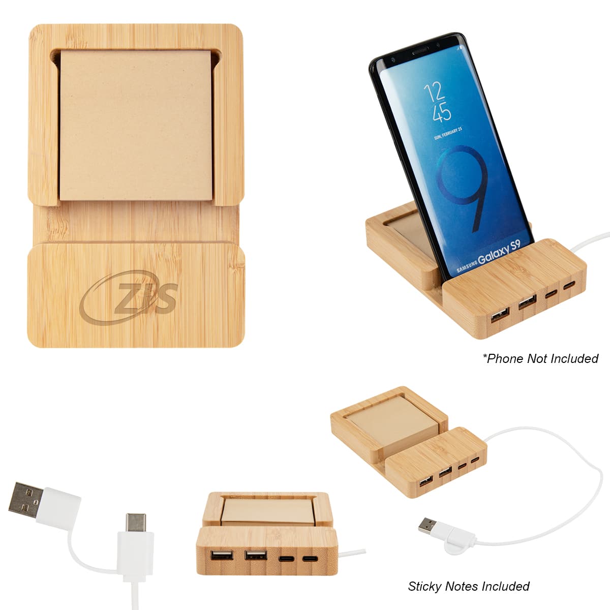 Bamboo Multi-Port Hub With Phone Holder & Sticky Notes - Image 1