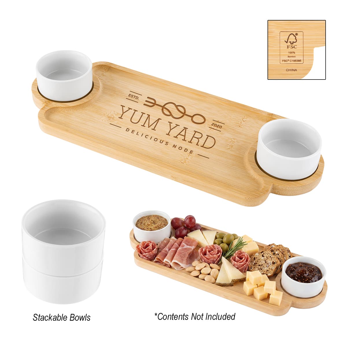 Bamboo Serving Tray With Porcelain Bowls - Image 1