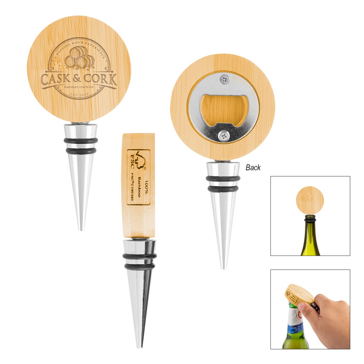 Bamboo Wine Stopper With Bottle Opener - Image 1