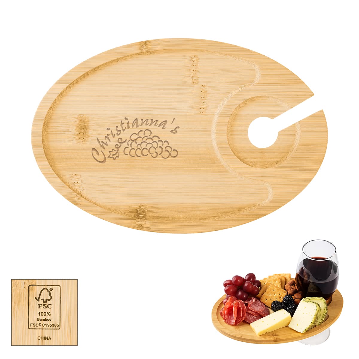 Wine & Dine Recessed Bamboo Tray With Wine Glass Holder - Image 1