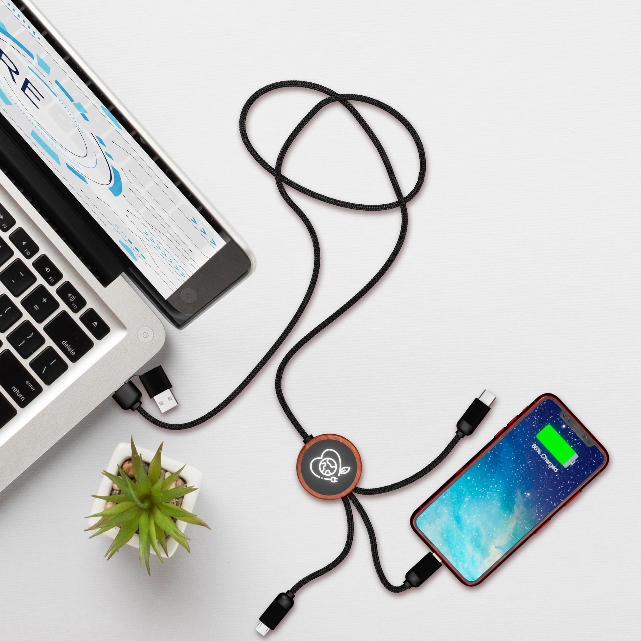 Bamboo 5-in-1 Charging Cable with Light-Up Logo - Image 1