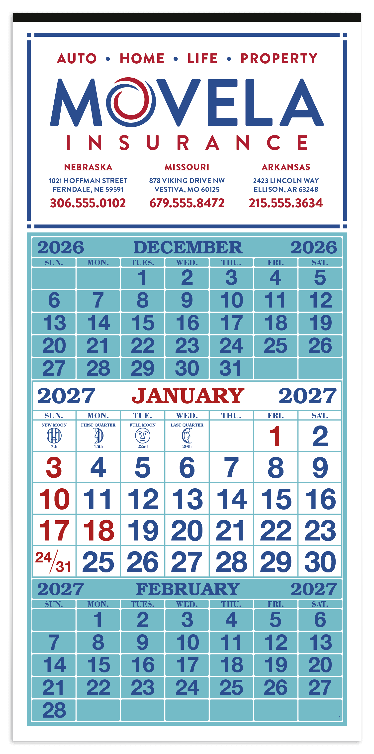 Skinner & Kennedy® 3-Month Display 12-Sheet Calendar - Image 1