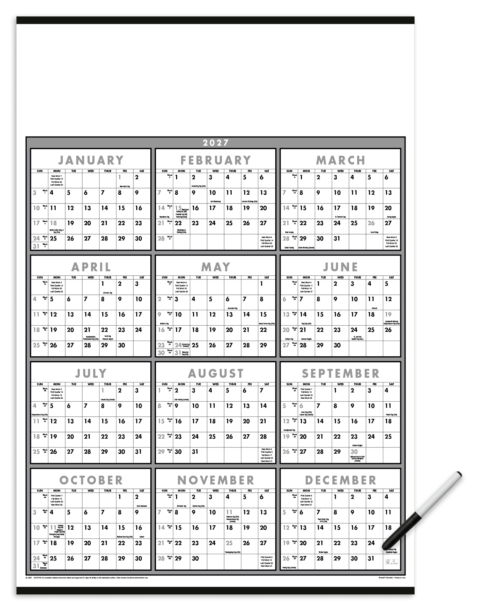 Triumph® Calendars Black & White Span-A-Year Laminated with Marker Calendar