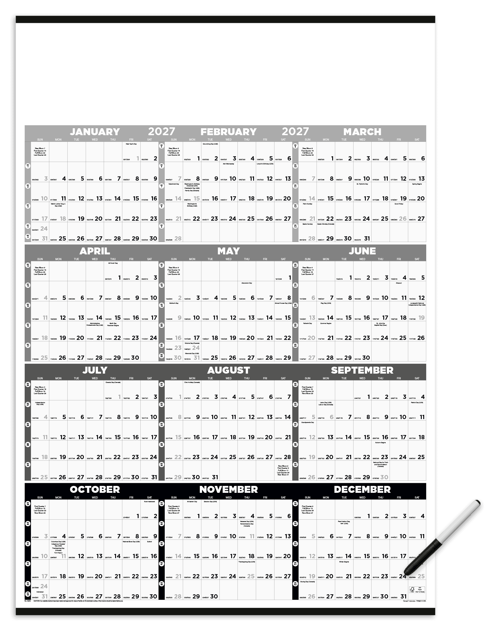 Triumph® Calendars Black & White Time Management Span-A-Year Laminated with Marker Calendar